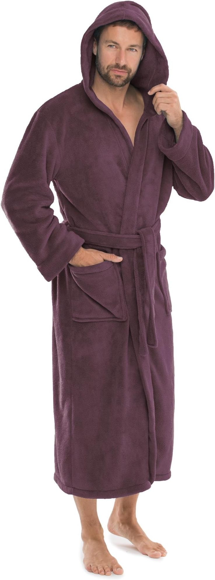 CelinaTex Florida Bathrobe, Hooded, Plain, Long, Patched Pockets, Unisex, Microfibre, Coral-Fleece, Plum, Small