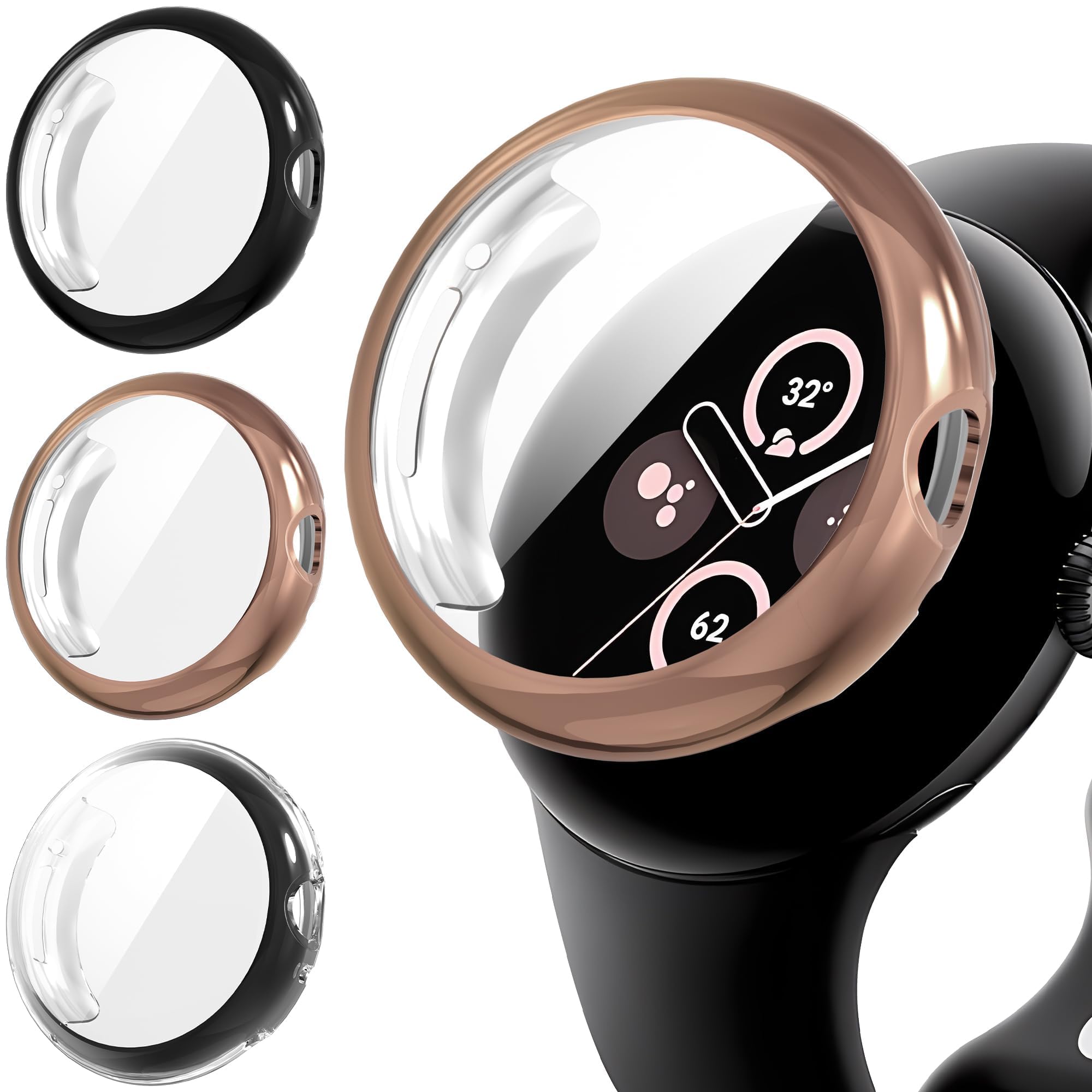 Diruite 3-Pack Cases for Google Pixel Watch 3/2/1 41mm Screen Protector TPU Screen Protector Cover,Black&Rose Gold&Transparent