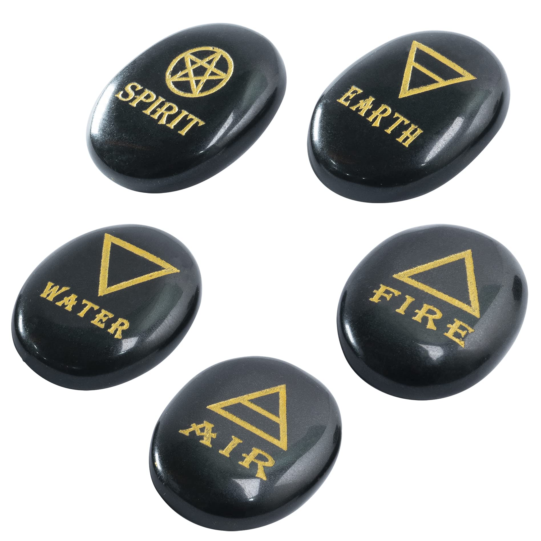 Crocon® 5 Elements Black Tourmaline Stones Engraved Triangle Symbols (Earth Air Fire Water spirit) Polished Palm Stones for Gemstone Reiki Crystal Healing