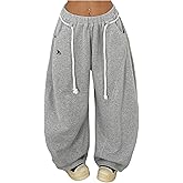 BEAUDRM Women's Baggy Barrel Sweatpants Stacked Elastic Waist Wide Leg Sweat Track Pants Lantern Trouser with Pockets
