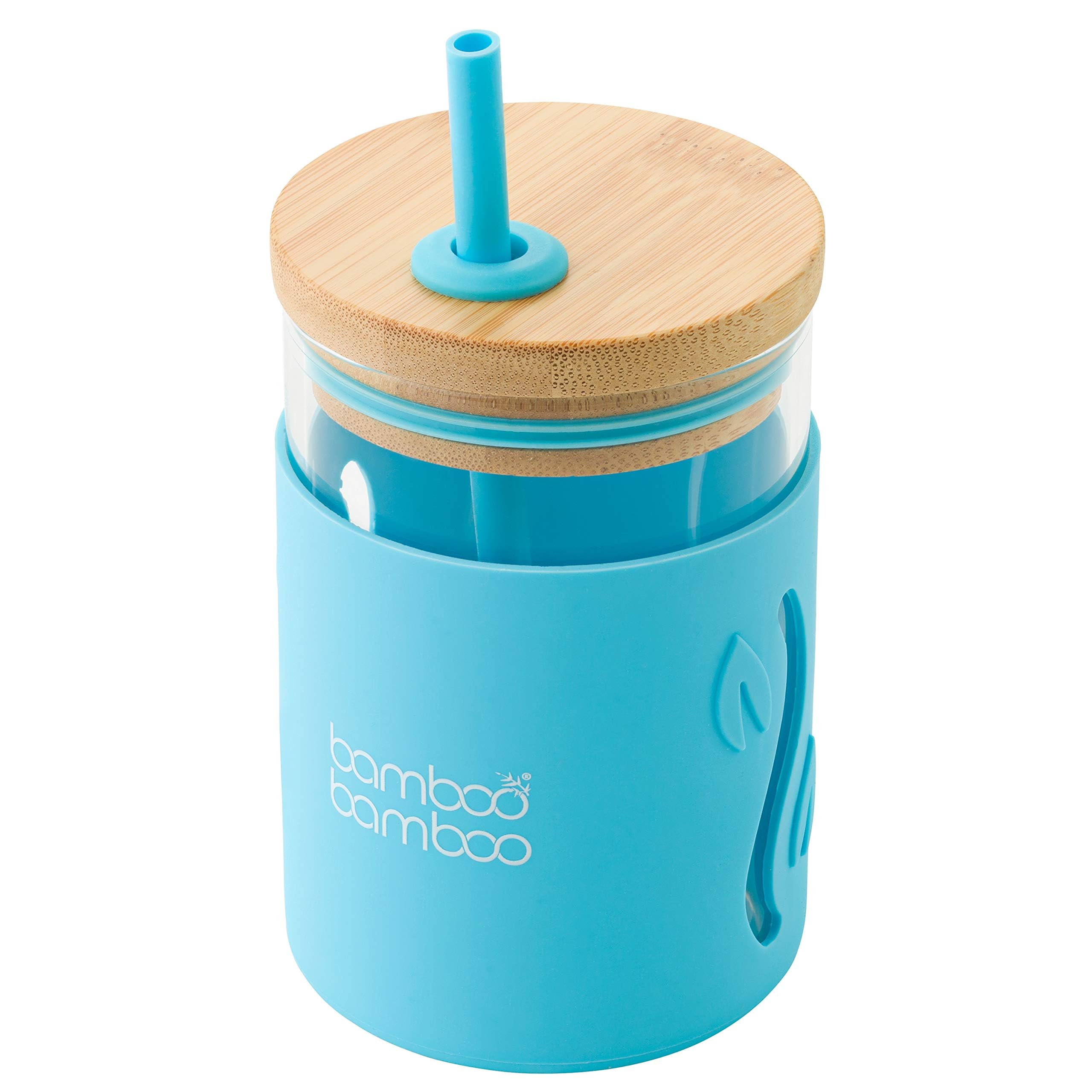 bamboo bamboo Sippy Cup, Straw Cups for Toddlers, Glass Jar with Bamboo Lid & Silicone Impact Sleeve, Perfect for Drinks & Smoothies, 350ml Capacity Baby Cup for Transitioning Toddlers (Blue)