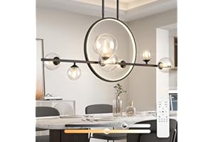 KELUOLY Modern 7 Light Dining Room Chandelier,37.4" Black Dimmable Linear Pendant Lights with Globe Glass Shade,Minimalist Island Light for Dining Room, Office, Kitchen