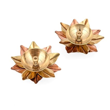 Collectible India Brass Metal Diya Lamp Lotus Shape -Deepak for Pooja - Set of 2 (Golden, 3 X 3 X 1.5 Inch)