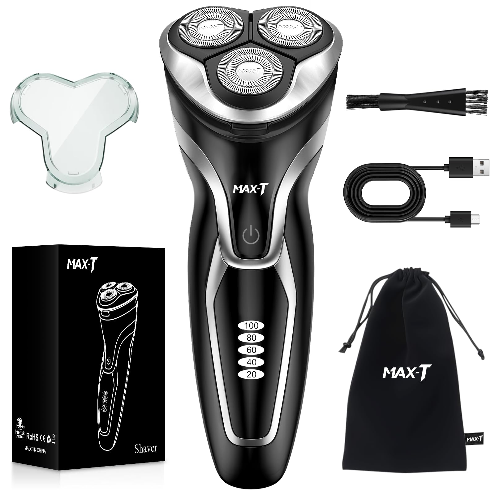 MAX-T Electric Razor for Men, Wet and Dry Men's Electric Shaver, 1H Fast Charging & 120Mins Runtime, Skin-Protection, IPX7 Waterproof, Rotary Shavers with Pop-up Trimmer, LED Display