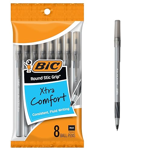 BIC Round Stic Grip Xtra Comfort Black Ballpoint Pens; Medium Point (1.2mm); 8-Count Pack; Perfect Writing Pens With Soft Grip for Superb Comfort and Control