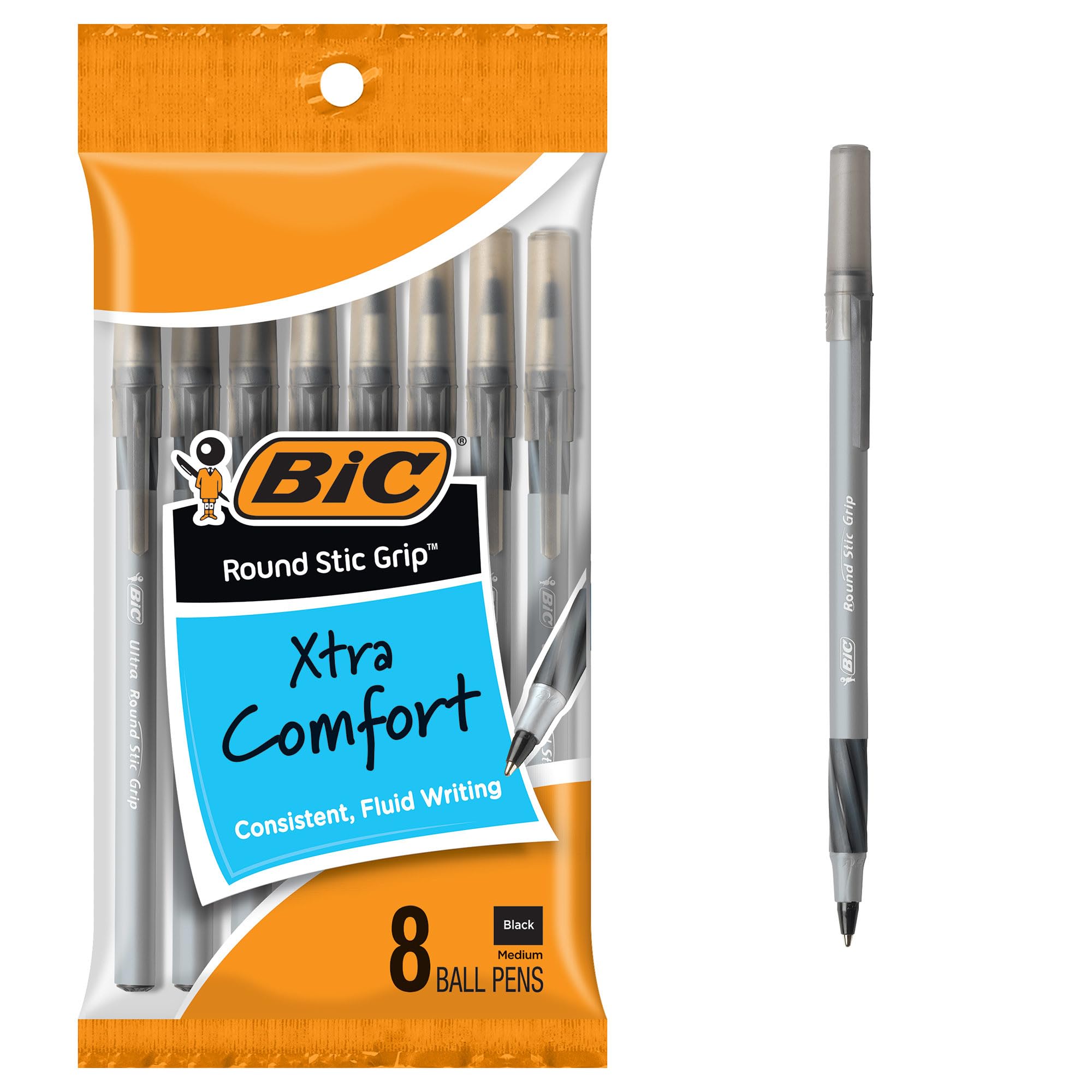 BIC Round Stic Grip Xtra Comfort Ball Pen, Medium Point (1.2 mm), Black, 8-Count