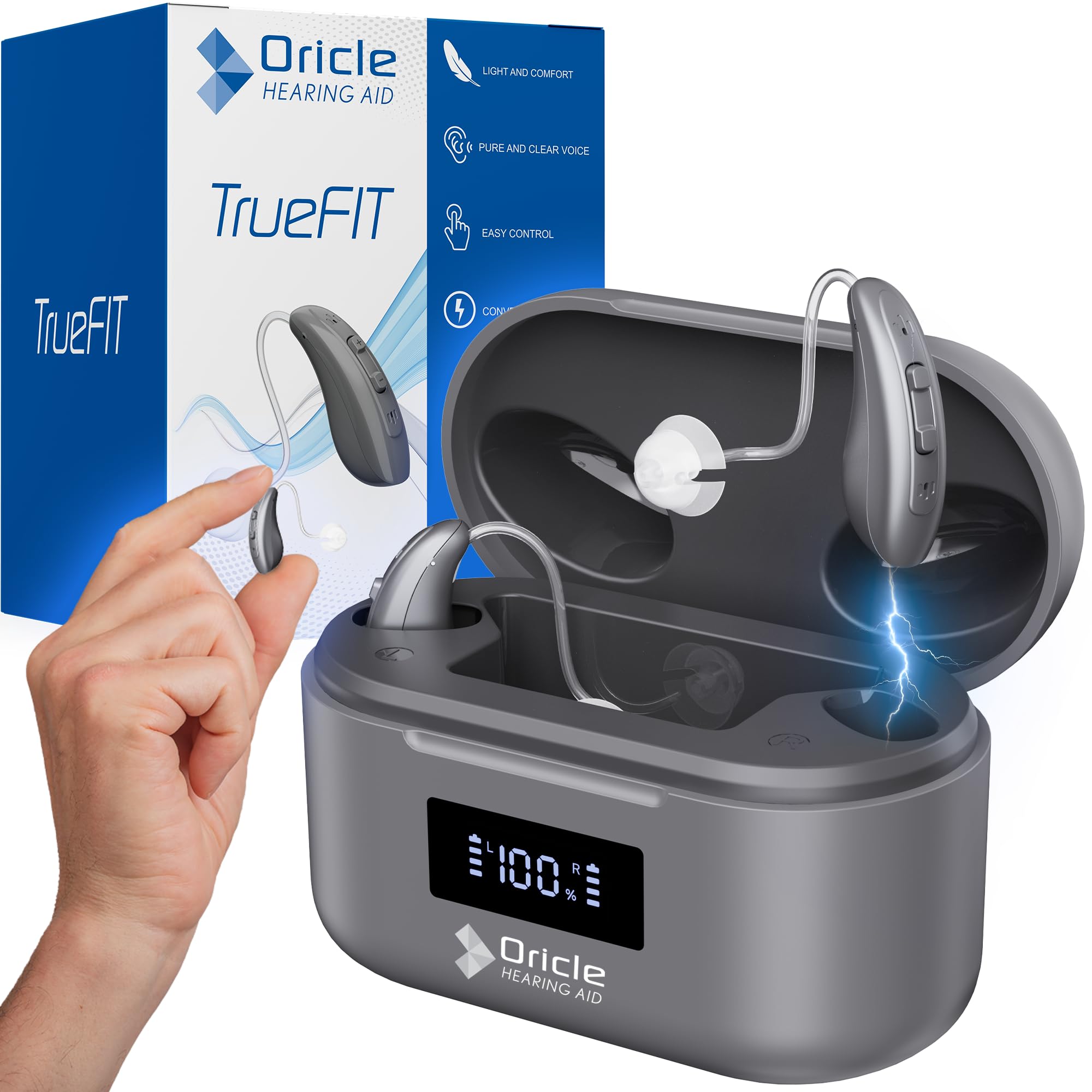 Photo 1 of Oricle TrueFit Rechargeable Behind-The-Ear Hearing Aids for Seniors with Noise Cancelling & LED Power Display - OTC BTE Hearing Aid with 16-Channel Intelligent Noise Reduction Technology