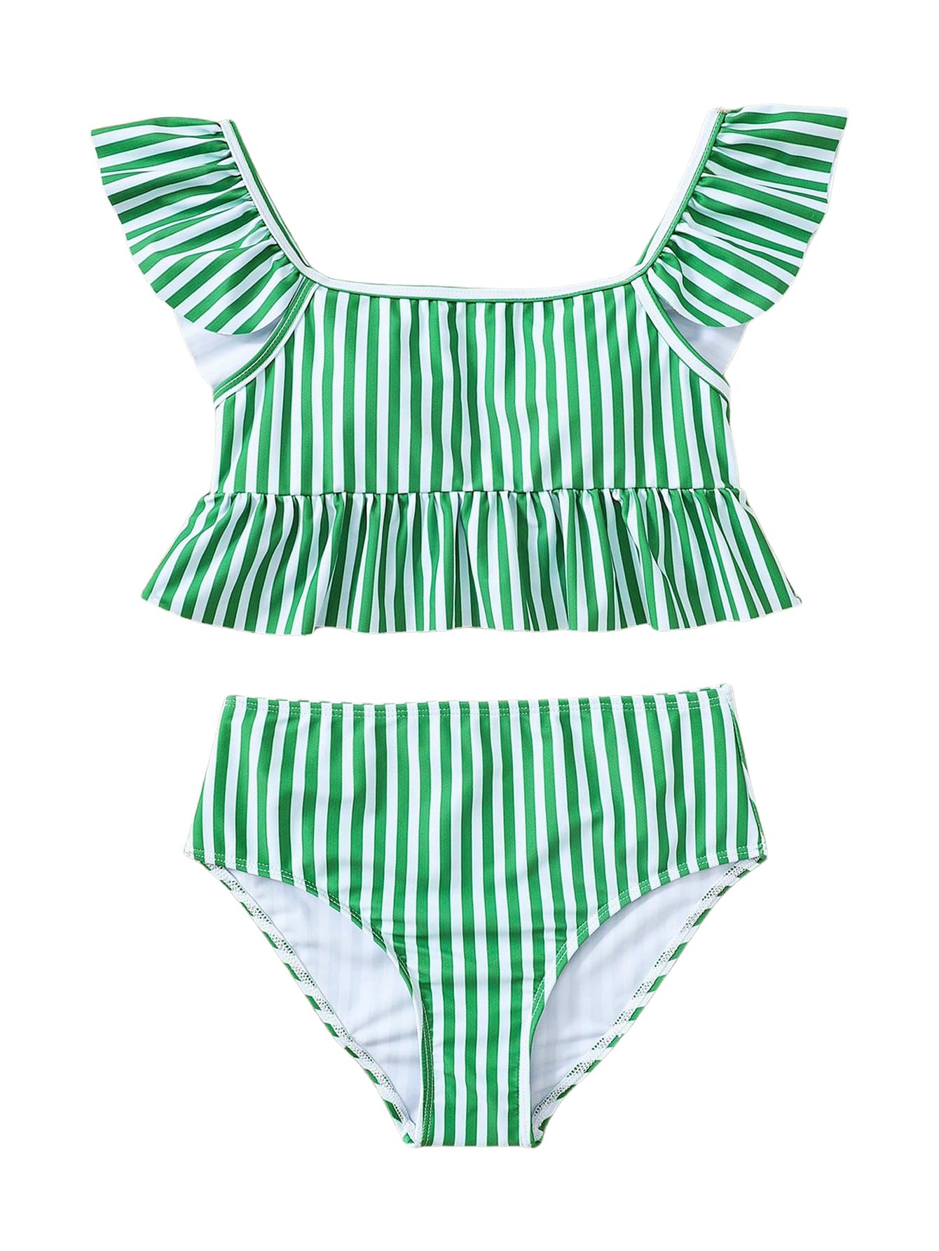 Photo 1 of Floerns Girl's 2 Piece Swimsuits Striped Ruffle Hem High Waisted Bathing Suit Green 10Y