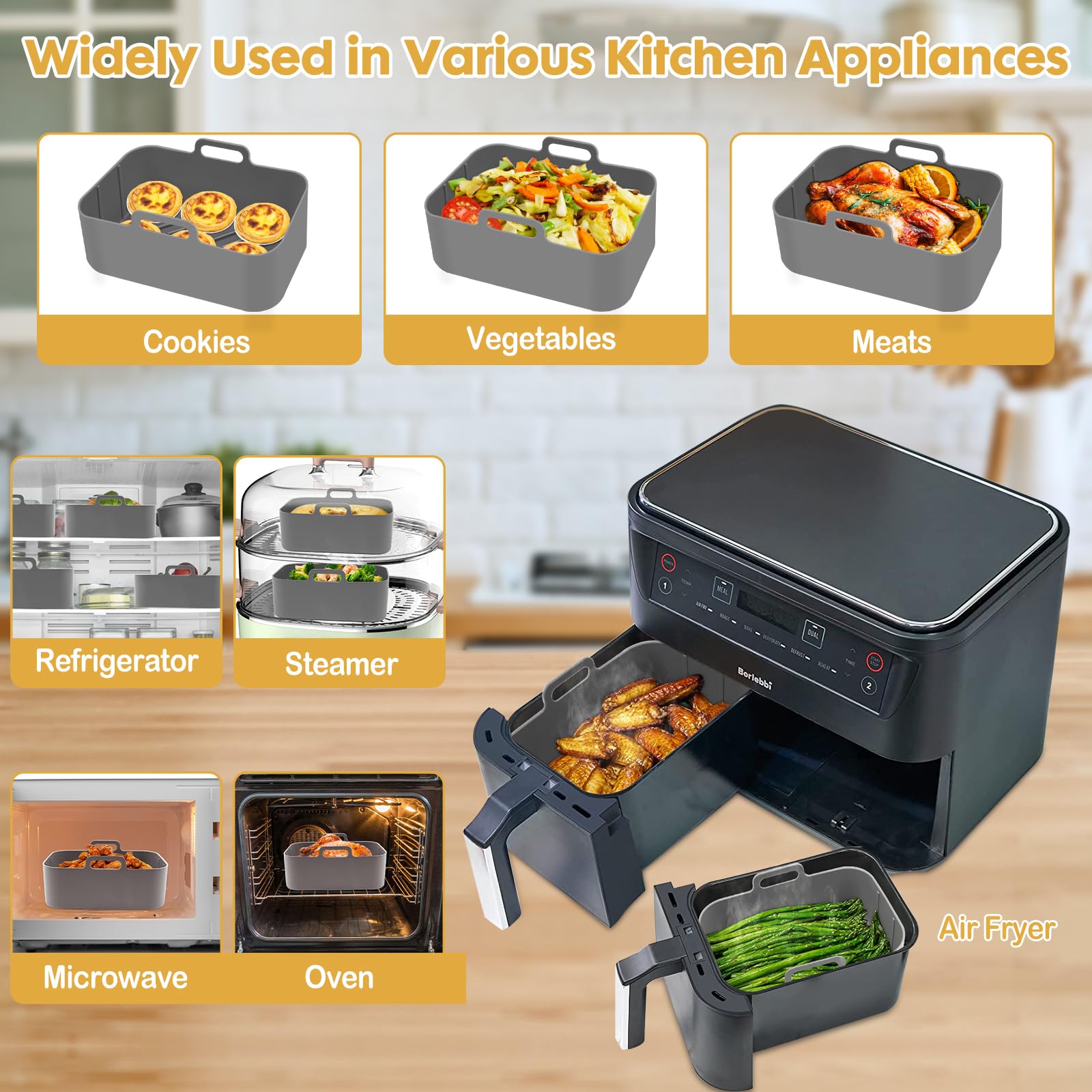 Silicone Air Fryer Liners 10QT, Reusable Airfryer Basket Liners Rectangular for Ninja DZ550/DZ401, 2Pcs 5QT Large Air Fryer Accessories,Replacement Basket Insert with Magnetic Cheat Sheet (2 Pcs Grey)