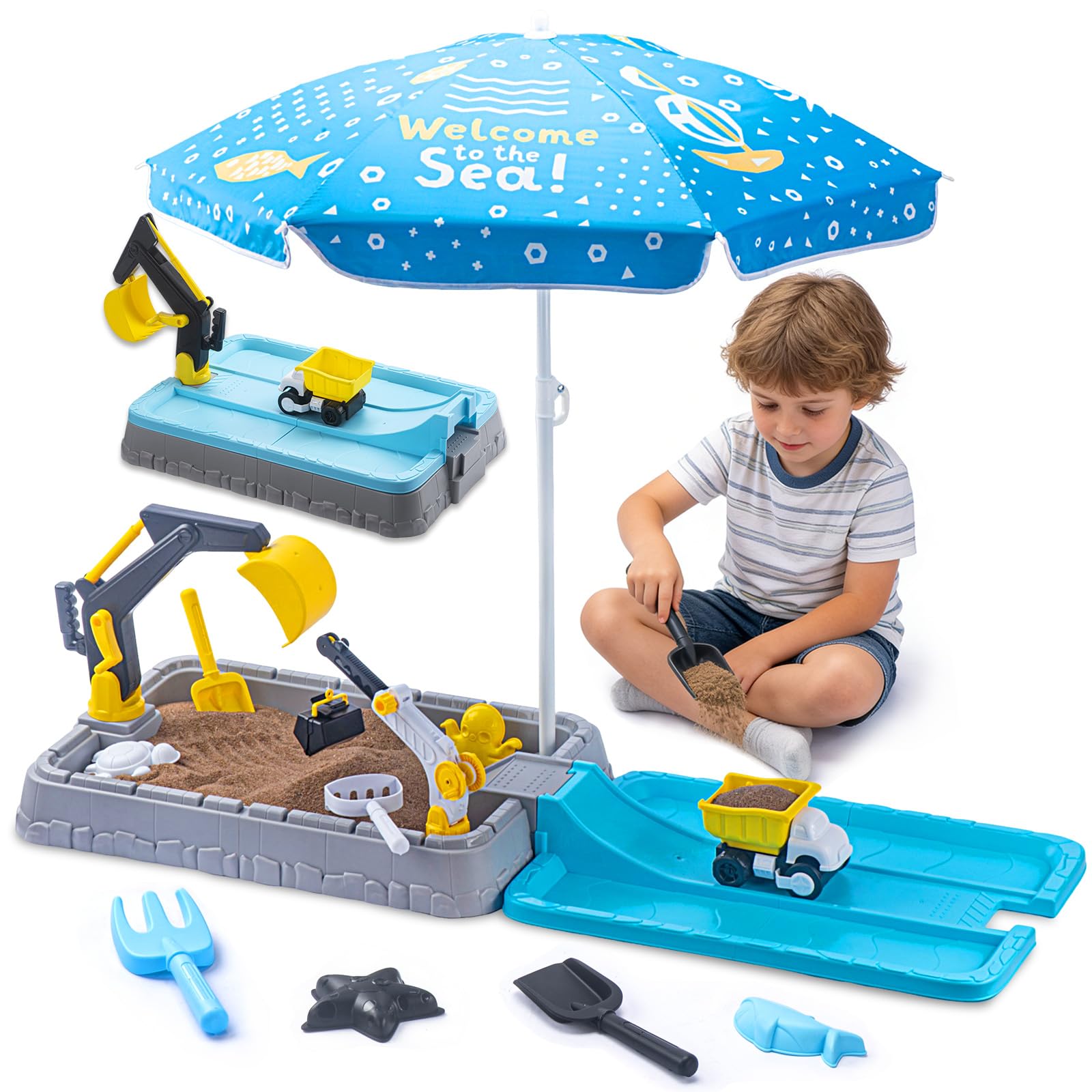 Kids Excavator Sandbox with Umbrella & Cover, Construction Sandbox Set with Beach Toys & Dump Truck, Outdoor Educational Play Set for Toddlers Ages 3-12