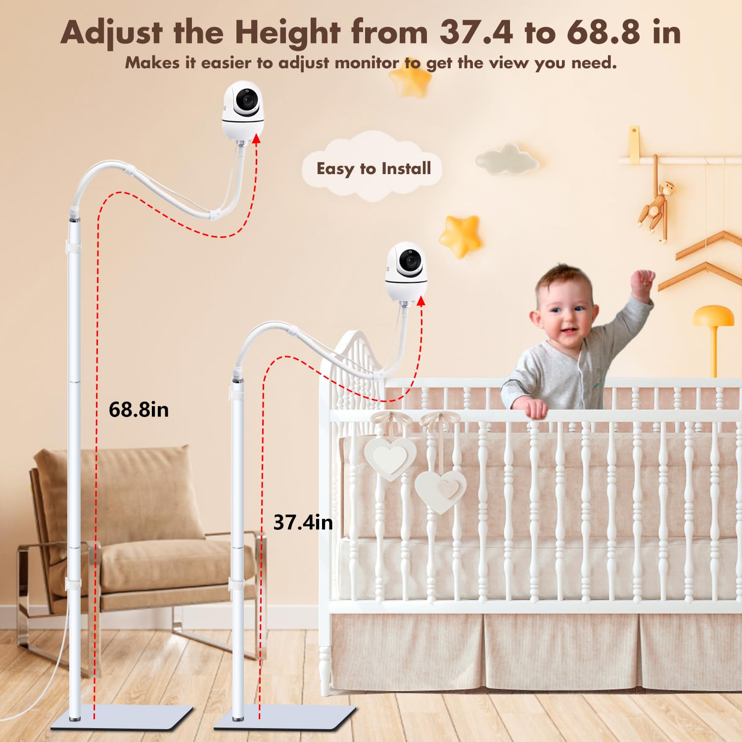 Baby Monitor Floor Stand Holder Compatible with Infant Optics DXR-8 Pro,Nanit Pro, Babysense, Owlet, Eufy, HelloBaby, Motorola, VTech, Other Baby Monitor with 1/4 Screw Hole, Height Adjustable 68