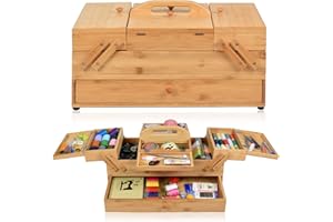 Adolfo Design Wooden Sewing Box Organizer for Sewing Supplies,Sewing Crafting Hobby Storage Box, 3 Tier Drawers for Craft Tools, Needles Assorted