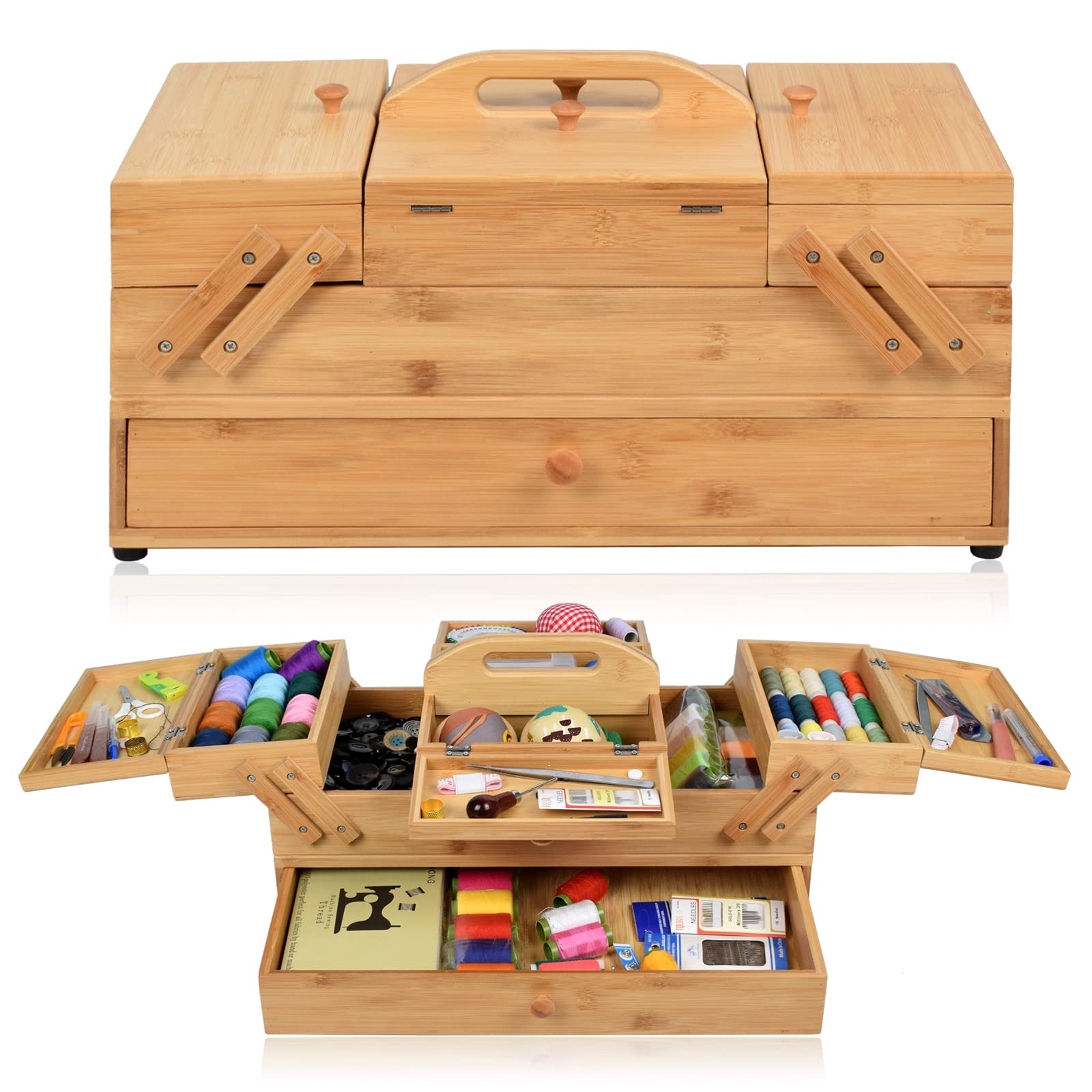 Adolfo Design Wooden Sewing Box Organizer for Sewing Supplies,Sewing Crafting Hobby Storage Box, 3 Tier Drawers for Craft Tools, Needles Assorted