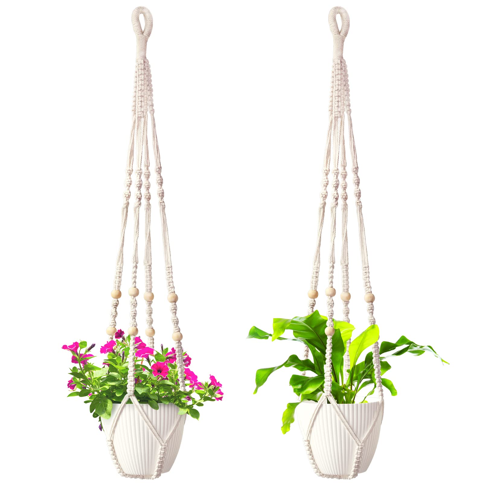 FRKNER 2 Packs Macrame Plant Hangers, Boho Woven Plants Hanger with Wooden Beads Handmade Cotton Rope Hanging Planters Basket Pot Indoor Outdoor Decoration No Tassels - 35 Inch