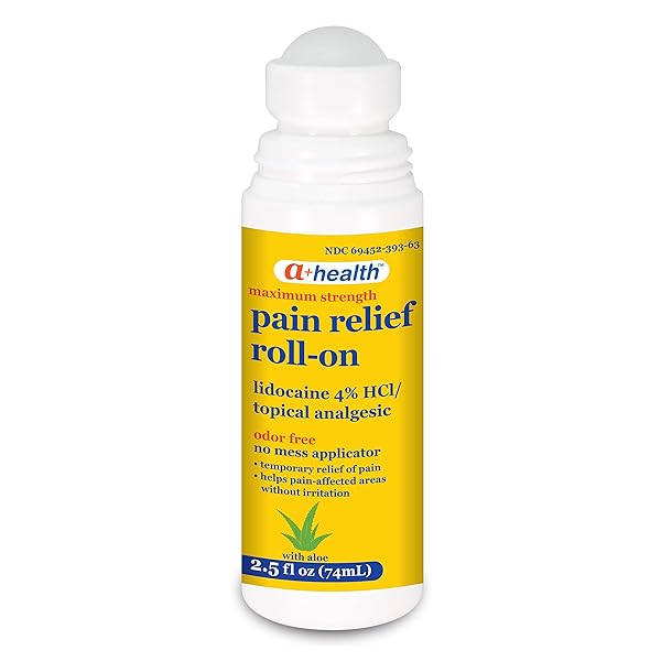 A+HEALTH PAIN RELIEF ROLL-ON LIQUID, LIDOCAINE 4%, ODOR FREE, MAXIMUM STRENGTH PAIN + ITCH RELIEF WITH ALOE, MADE IN USA, 2.5 FL OUNCES