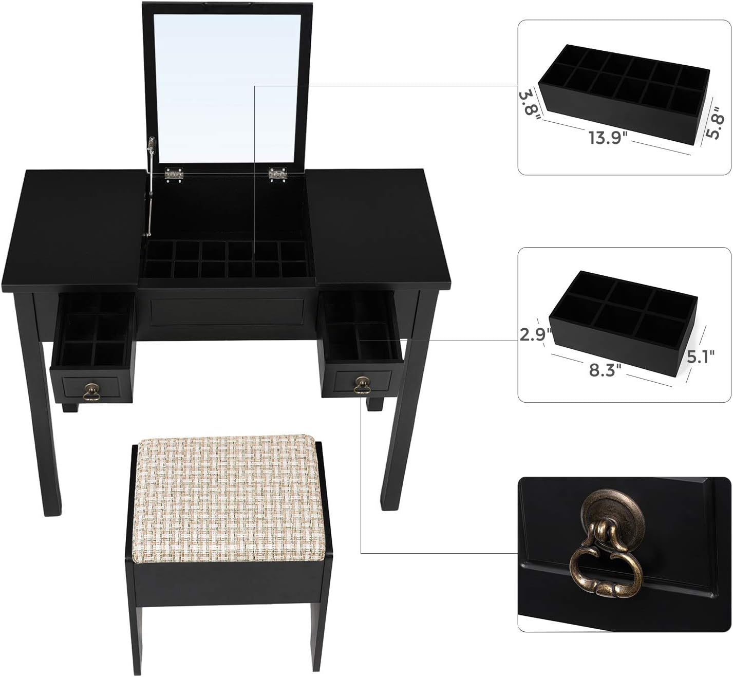VASAGLE Vanity Set with Flip Top Mirror Makeup Dressing Table Writing Desk with 2 Drawers Cushioned Stool 3 Removable Organizers Easy Assembly, Black: Home & Kitchen