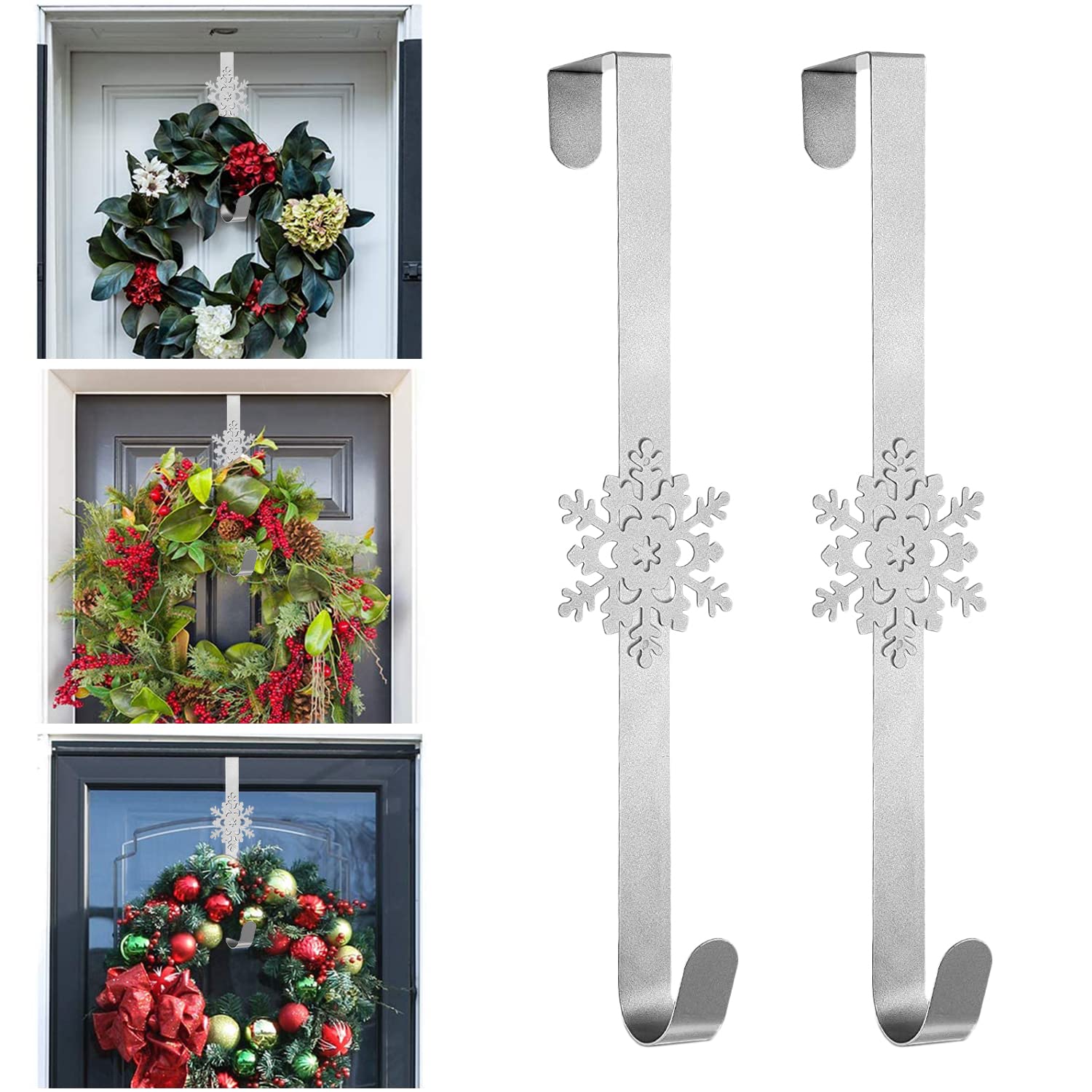 Hutato 2Pcs Christmas Snowflake Wreath Door Hanger, 15in Metal Wreath Reef Door Hanger Hook Snowflake Decor Hook for Xmas Party Decor Door Wall Home Office (Silver)