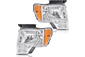 CNNELL Headlights Assembly Compatible with 2009 2010 2011 2012 2013 2014 Ford F150 Replacement Headlamps Pair Left+Right(Clear lens Chrome Housing Amber Reflector)