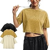 Yimoon Cropped T Shirts for Women Vintage Acid Wash Tees Short Sleeve Cotton Crop Top
