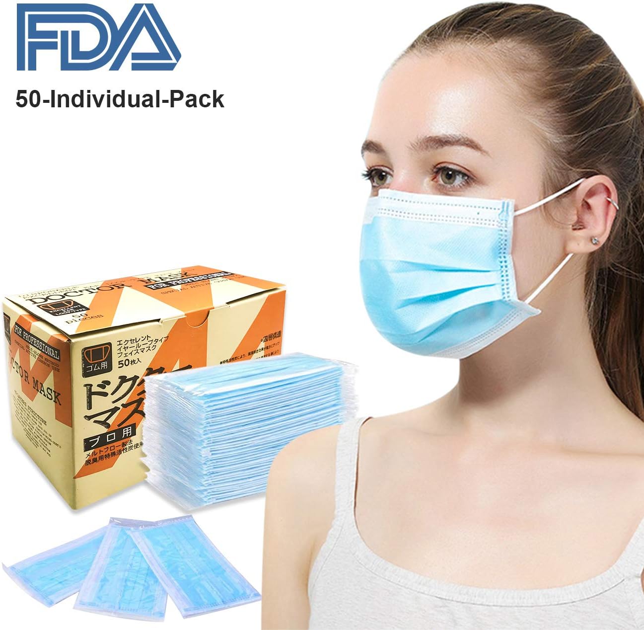 Disposable Face Mask Surgical Mask - Azmall 50PCS Individually Wrapped Mouth Mask Non-Woven Fabric 3 Ply Disposable Medical Face Mask Disposable Dust & Filter Safety Masks