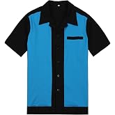 Anchor MSJ Men's 50s Bowling Shirt Mid-Century Retro Shirts | Camp Collar Shirt with Contrast Color Block Design, Retro Casual Cuban Collar Rockabilly Button-Down Shirt