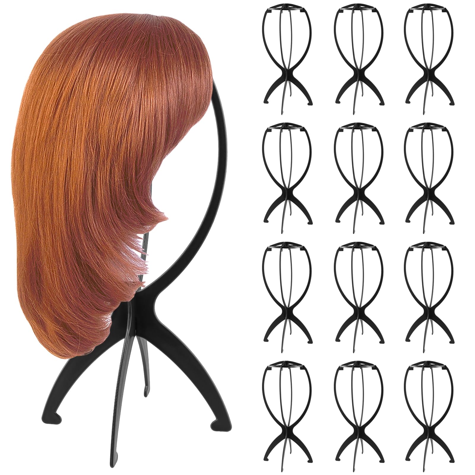 MANCHAP 12 PCS 36cm/14 Inch Black Wig Stands, Folding Wig Holder Stand, Collapsible Wig Hair Display Stand for Drying, Displaying