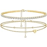MYYOII Initial Ankle Bracelets for Women, Dainty Gold Layered Heart CZ Bead Anklets, 14K Gold Plated Waterproof Summer Beach Jewelry Set