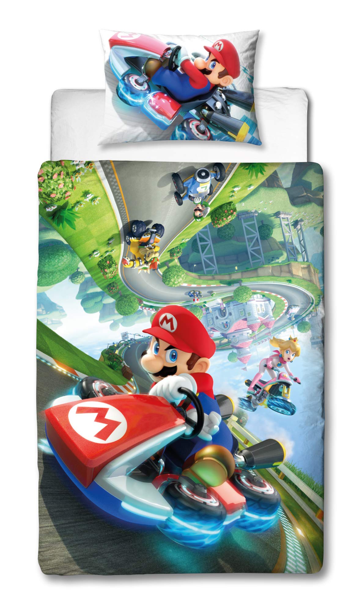 Super Mario Nintendo Kart Single Duvet Cover | Officially Licensed Reversible Two Sided Gravity Design with Matching Pillowcase
