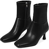 Goiphrri Ankle Boots for Women Kitten Heels Boot Womens Square Toe Short booties Office Casual Outfit Heeled Fall Boots Stretch Booties with Side Zipper for Women
