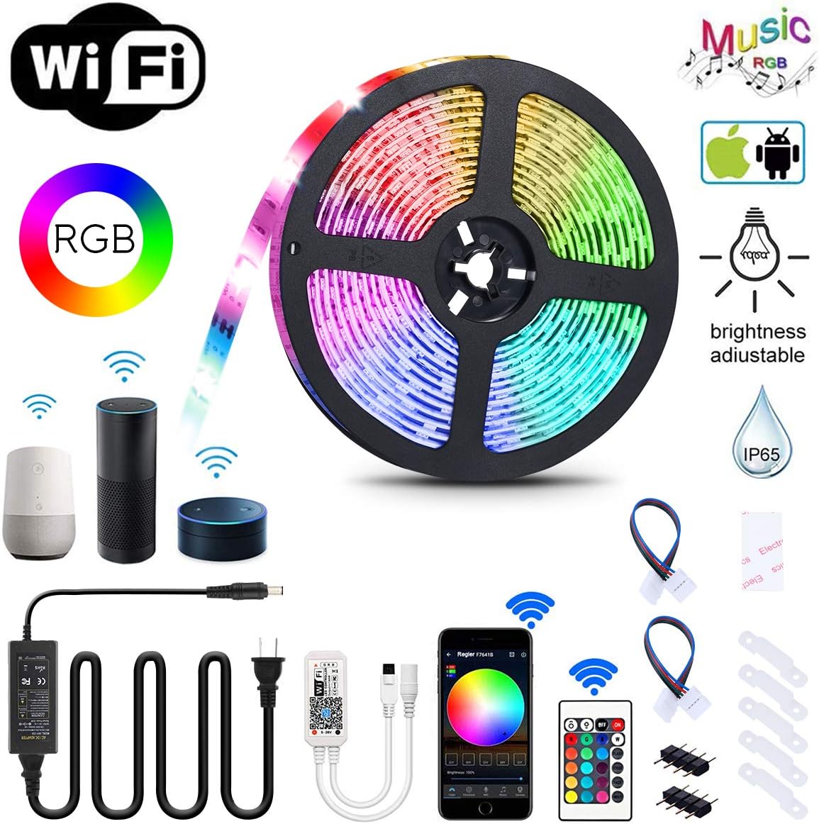 YUNLIGHTS 16.4ft LED Strip Lights with Remote/Smart Phone APP Cotrol 300 LED Strip Light Music Sync IP65 Waterproof LED Rope Lights with 12v UL Plug for Home Hotel Bar Christmas Outside Decorations