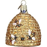Old World Christmas Bee Skep Glass Blown Ornament for Christmas Tree, Handcrafted Holiday Decoration, Bee Collection
