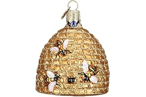 Old World Christmas Bee Skep Glass Blown Ornament for Christmas Tree, Handcrafted Holiday Decoration, Bee Collection