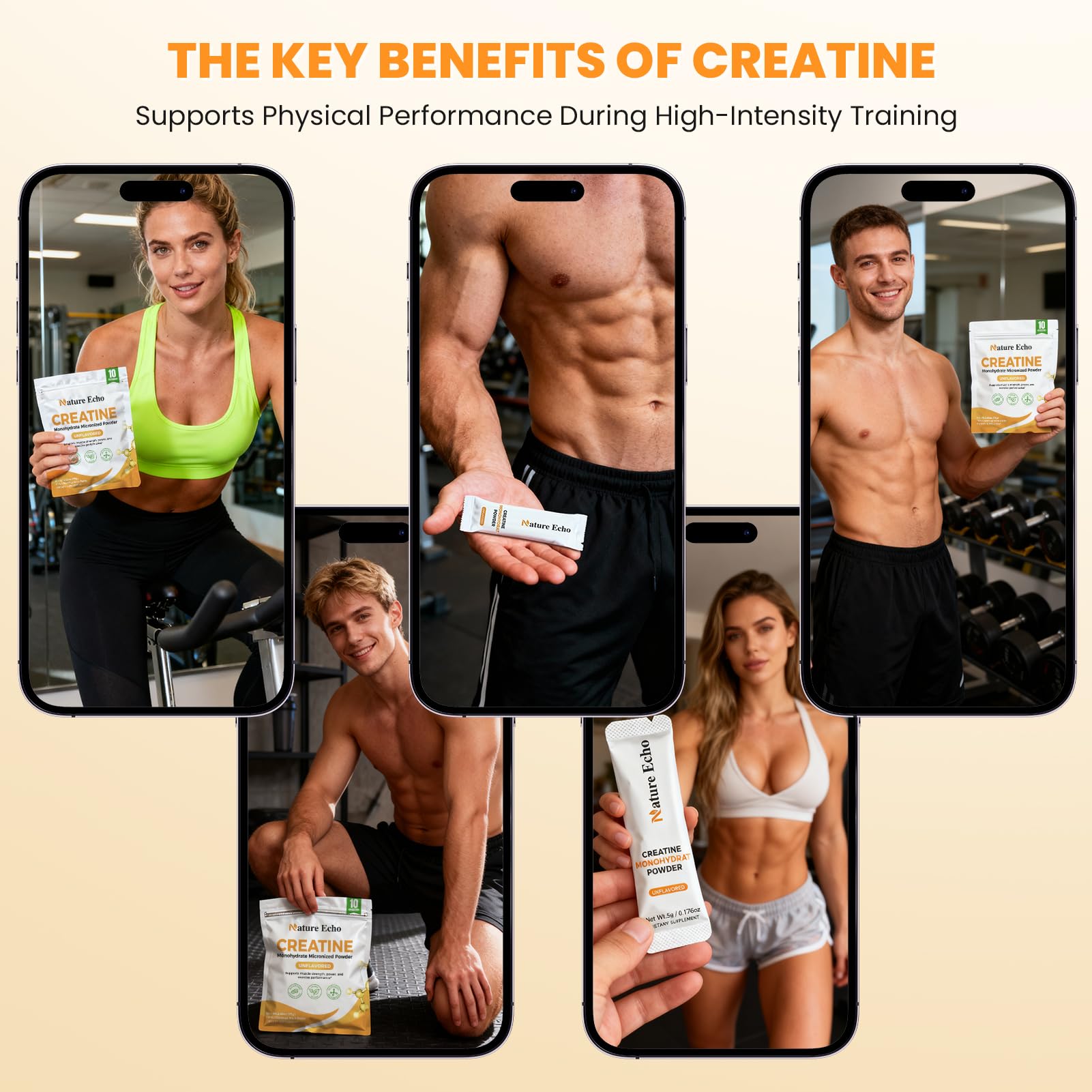 Nature Echo Creatine Monohydrate Micronized Powder - 15 Single-Serve Travel Packs 5g - Clean, Unflavored Creatine for Men & Women to Muscle Growth, Vegan, Gluten-Free, no Sugar
