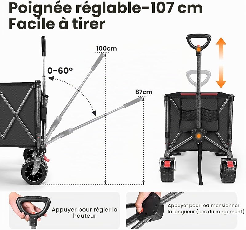 Chariot Pliable 260L 250KG, Roues Larges Tout-Terrain 17cm, Noir