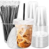 FYSUIMU 100 Set 16oz Crystal Plastic Coffee Cups with Spill Proof Paper and Lids & Straws, Clear Disposable PET Iced Coffee Cups Boxed for Cold Drinks Juice Smoothie Shops Party Supplies