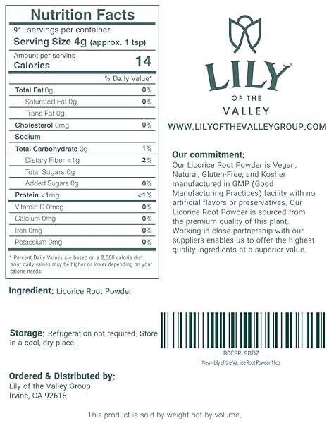 LILY OF THE VALLEY LICORICE/LIQUORICE ROOT POWDER – GROUND MULETHI SOURCED FROM INDIA – NATURAL SWEETENER – VEGAN & GLUTEN-FREE – PACKED IN RESEALABLE POUCH (16OZ, 453G)