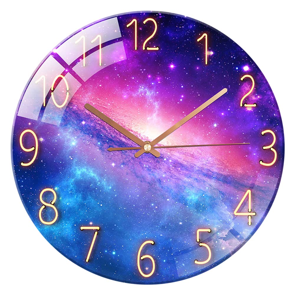ALEENFOON Glass Wall Clock 12 Inch Silent Non Ticking Round Wall Clocks for Living Room Bedroom Hallway Office (Starry Sky)