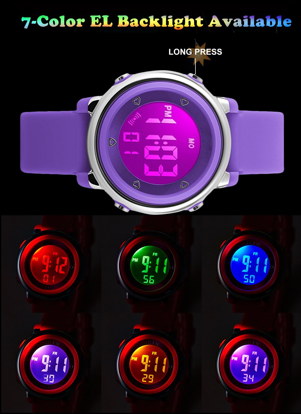 ENFANTS numériques montres de sport – Filles 5 ATM étanche montre de sport avec alarme Chronomètre, montre bracelet avec 7 LED rétroéclairé pour enfants par Yesure