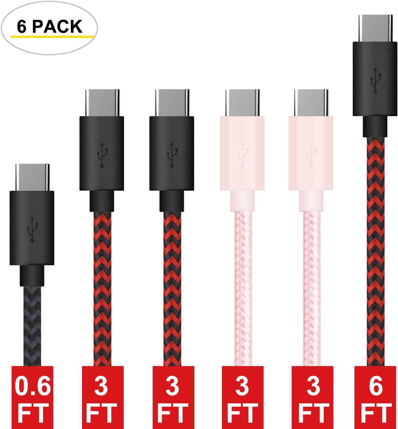 Gopala USB Type C Cable USB-C to USB 2.0 Cable (6-Pack: 0.6ft x1 + 3ft x 4 + 6.6ft x1) Charger Cord for Galaxy S8, S8+, MacBook, Nintendo Switch, Sony XZ, LG V20 G5 G6 and More (Multi Color)