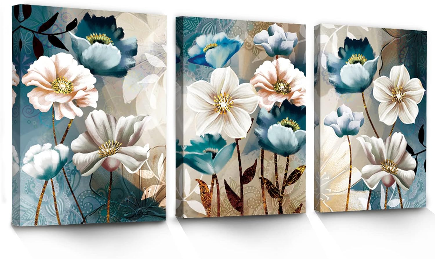 Wall Décor - SERIMINO 3 Piece Lotus Flower Canvas Wall Art for Living Room White and Indigo Blue Floral Picture Wall Decor for Dining Room Bedroom Bathroom Kitchen Print Painting for Home Decorations