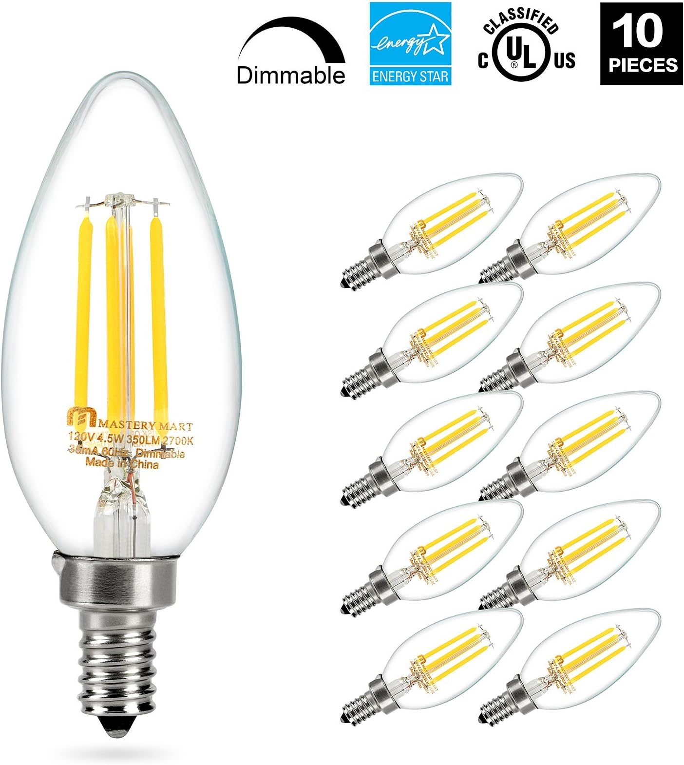 Mastery Mart Dimmable LED Candelabra Bulb, 4.5W (Equivalent to 40 Watt), 2700K Soft White, Chandelier LED Filament Light, E12 Base, B11 Decorative Edison Candle Lamp, Pack of 10