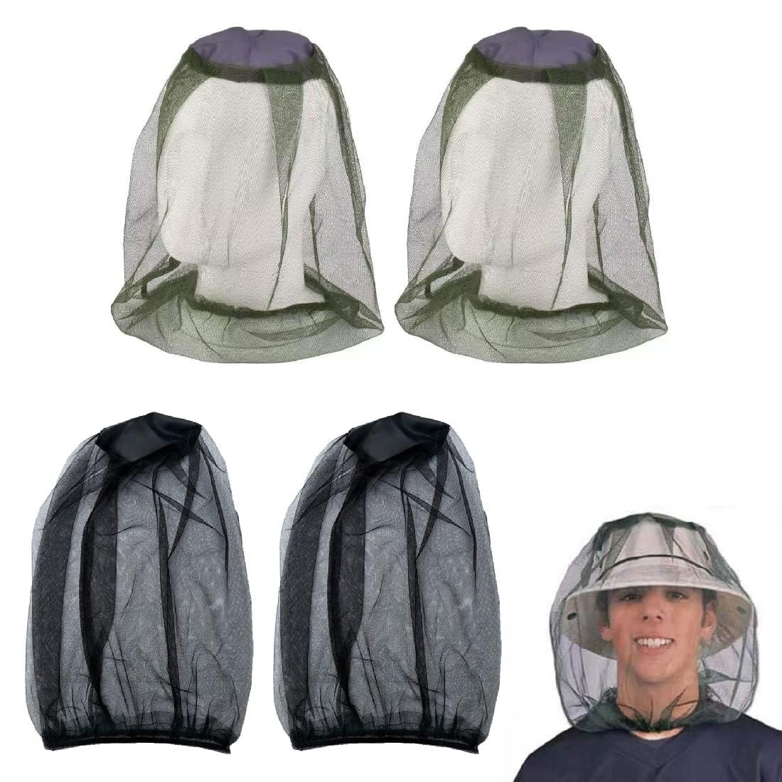 Anti-Mosquito Hat, 4 Pieces, Anti Insect Net Hat, Nylon Anti Mosquito Net, Fine Mesh, Face Protection from Mosquito Bite, for Outdoor Travelling Fishing Camping Hiking Fishing, Black and Green