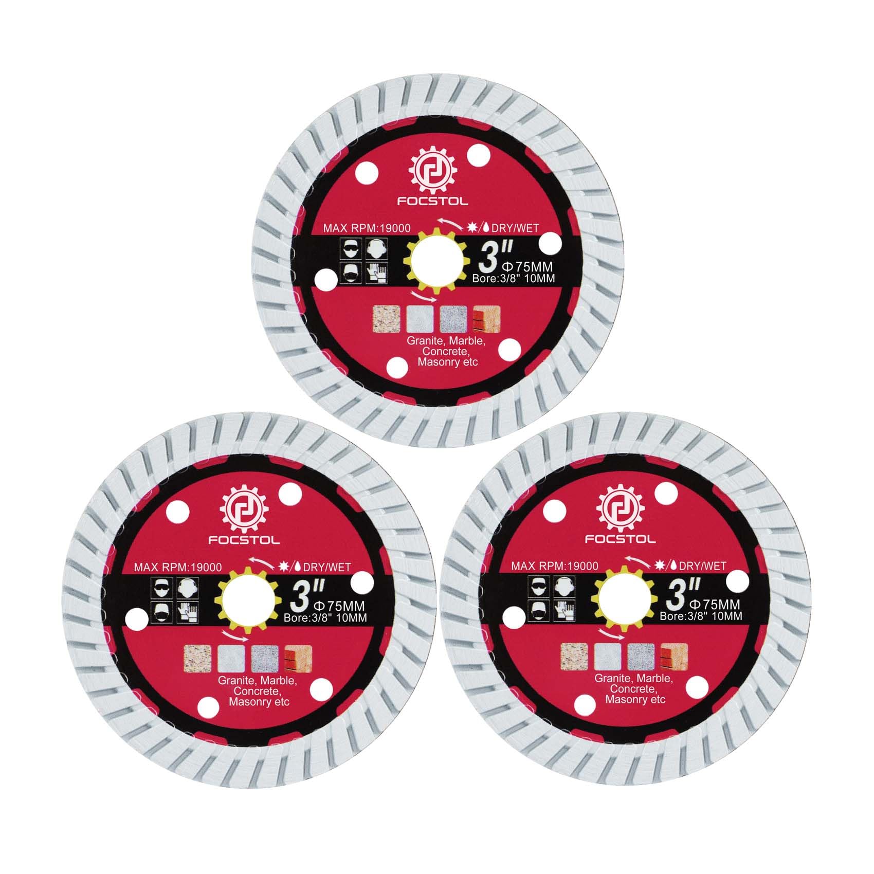 FOCSTOL Diamond Saw Blade - 3pcs 75mm Cutting Disc for Granite Marble Concrete Masonry for Angle Grinder Arbor 10mm