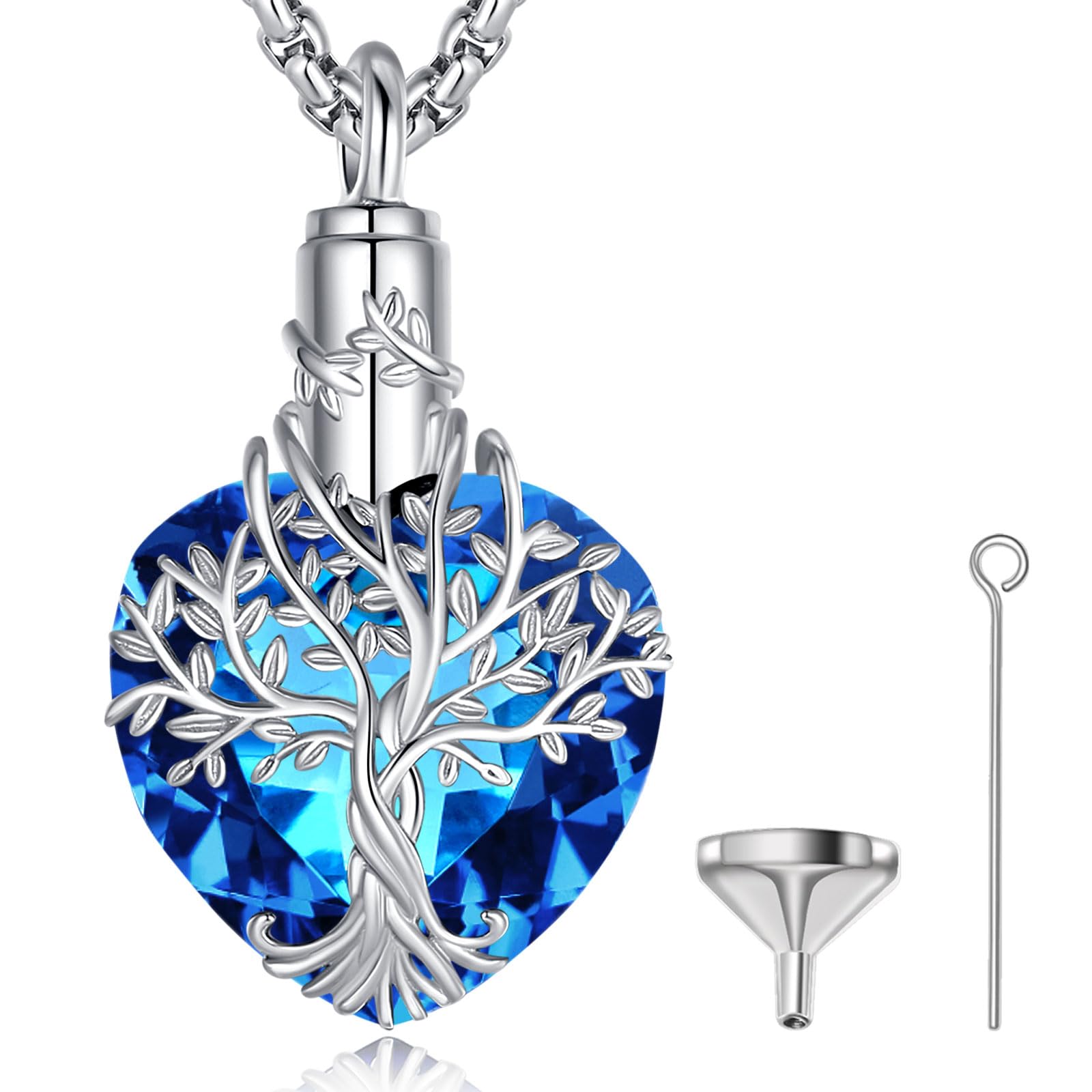 EUDORA Harmony Ball Tree of Life Urn Necklace for Women, 925 Sterling Silver Heart Shaped Crystal Tree of Life Urn Pendant for Ashes, Cremation Jewelry Memorial Gift, 22"