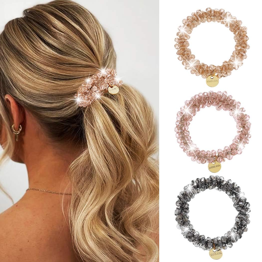 Zoestar Crystal Hair Scrunchies Beads Hair Ties Elastic Hair Bands Ponytail Holder Fashion Hair Accessories for Women and Girls(Pack of 3) (Set 2)
