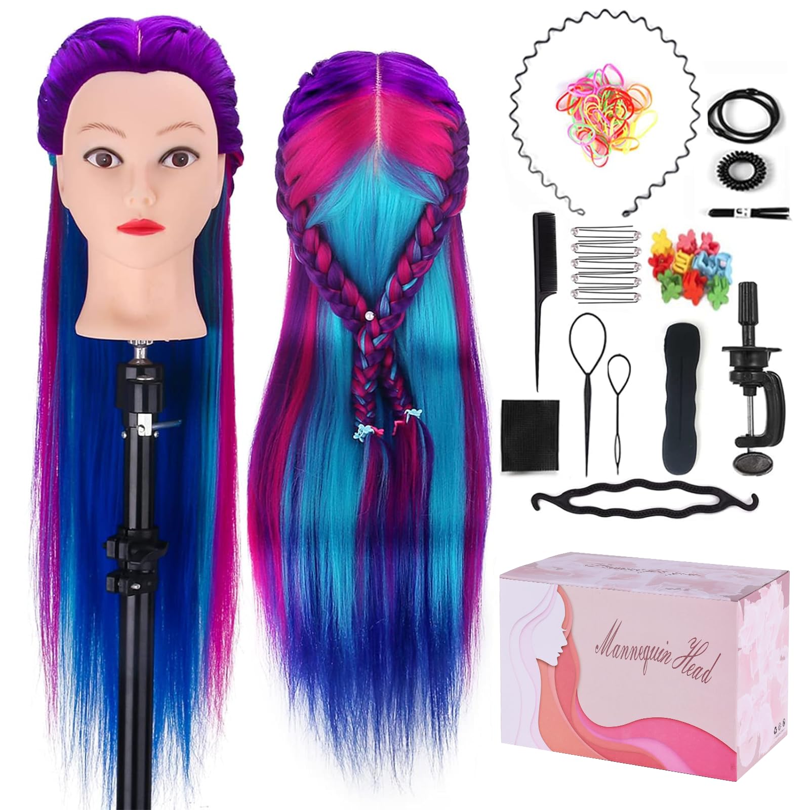 Training Head Synthetic, Mysweety 26"-28" Multicoloured Manikin Doll Head for Hair Styling Practicing, with Table Clamp & Braiding Kit, Purple-Blue #24