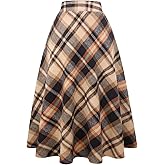 IDEALSANXUN Womens Plaid Wool Skirts Elastic Waist A-Line Pleated Tartan Long Skirts