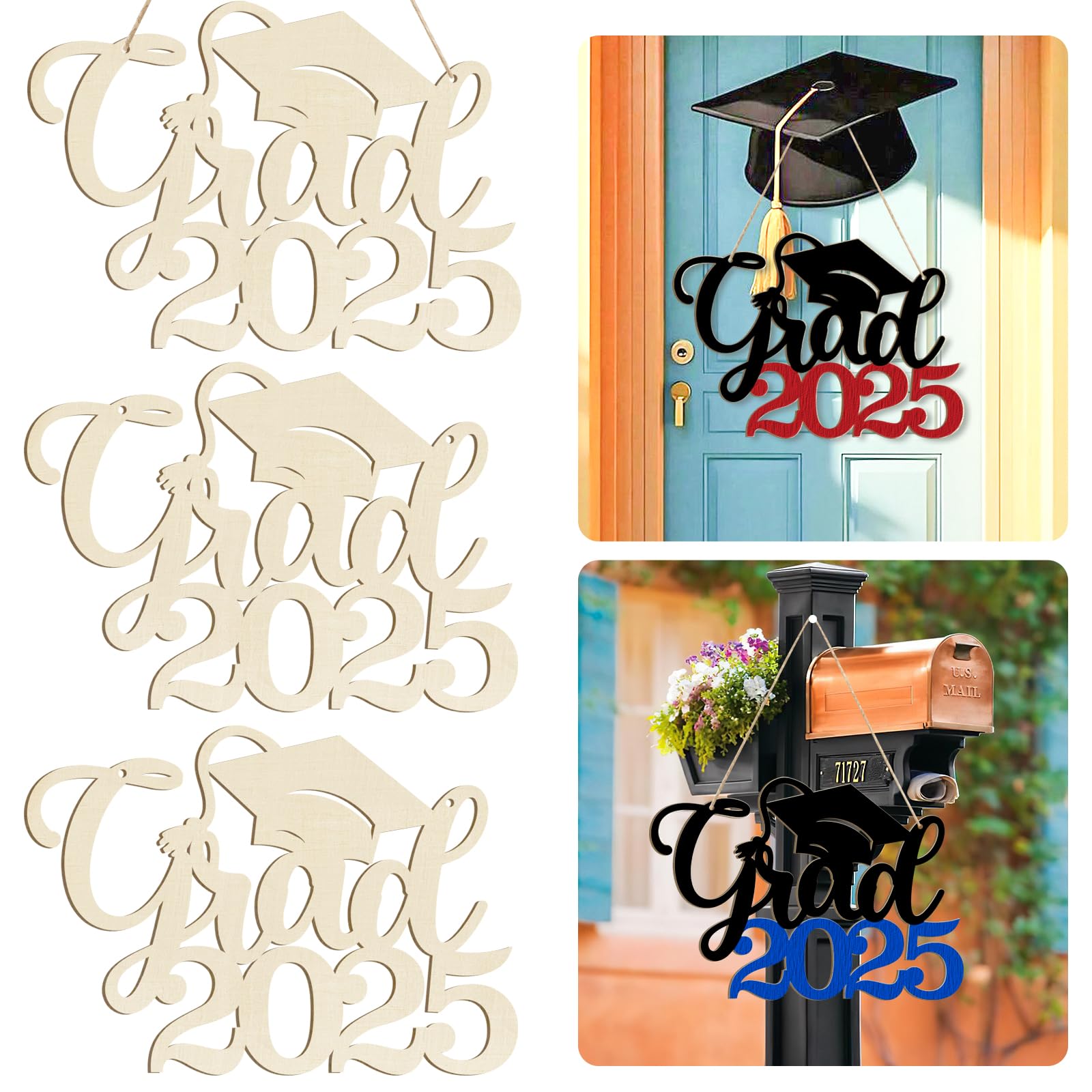 Photo 1 of 3 Pack Wooden Class of 2025 Sign Senior 2025 Graduation Props for Photoshoot Class of Grad Photo Props Graduation Signs College High School Party Supplies Unfinished Grad Ornaments to Paint