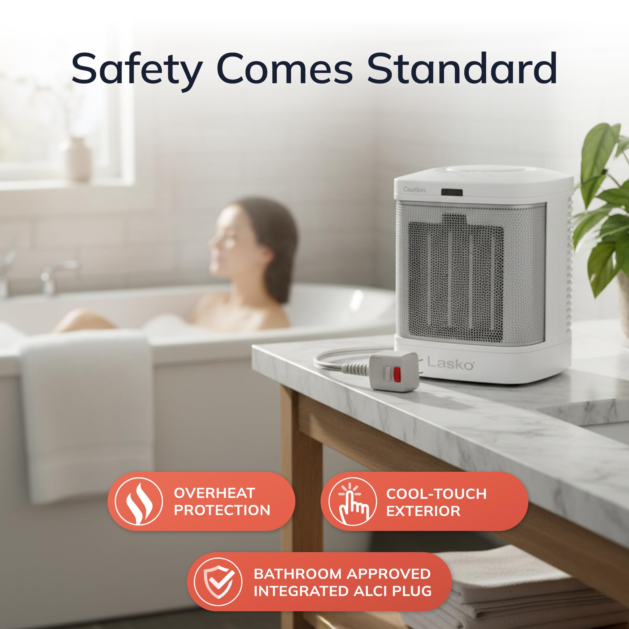 Lasko Portable Electric Ceramic Space Heater with ALCI Plug for Bathroom Use, 2 Heat Settings and Simple Heat Button, 8 Inches, White, 1500W, CD08200