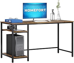 HOMEFORT 55-Inch Computer Desk, Rustic Home Office Desk, Writing Desk with Storage Shelves, Multipurpose Home Office Workstation, Student Desk with 2-Tier Wood Bookshelf, Modern Wood PC Table